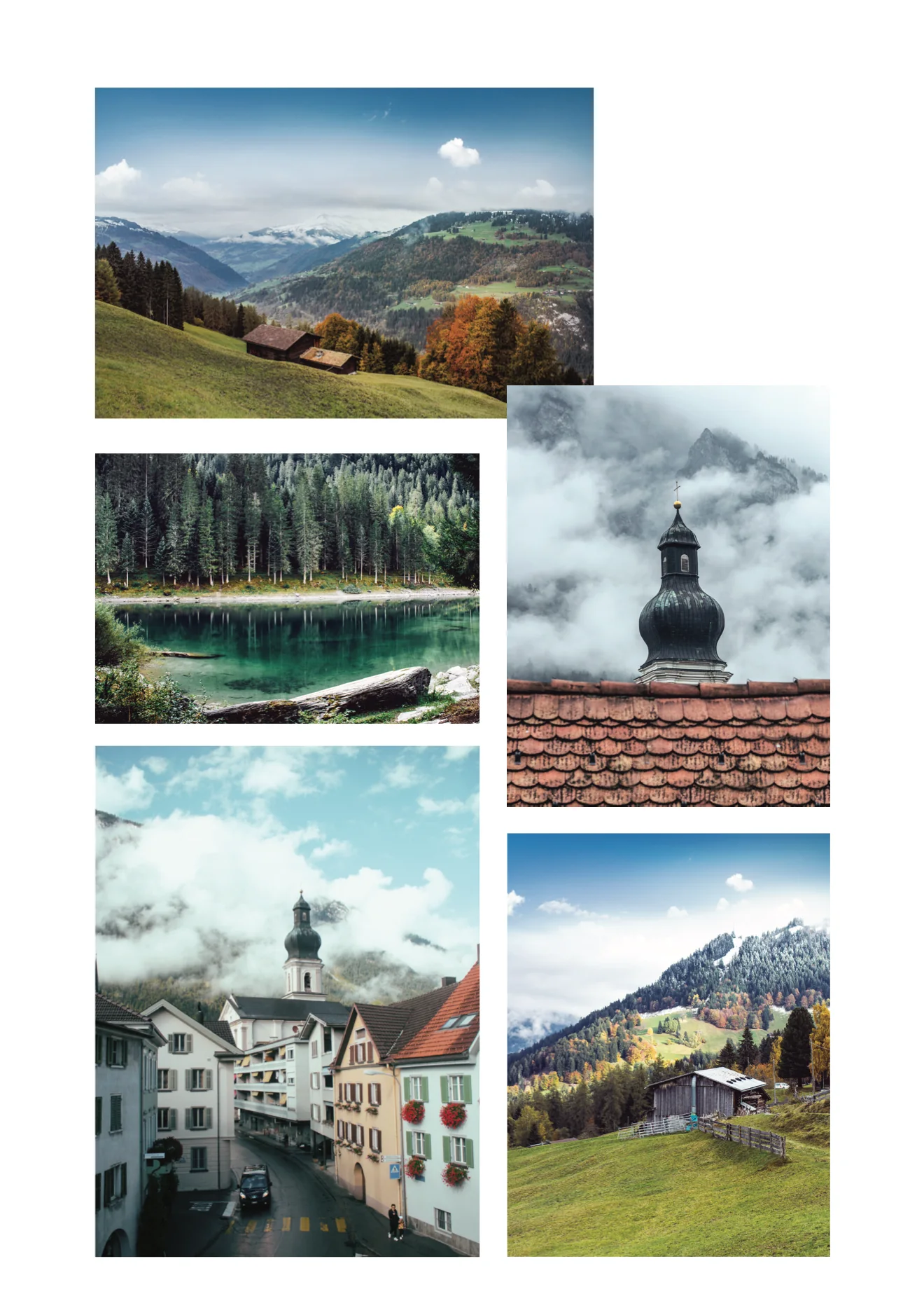 Five landscapes from Graubünden: autumn hills, a green lake, a church tower in fog, a village street and a mountain cabin