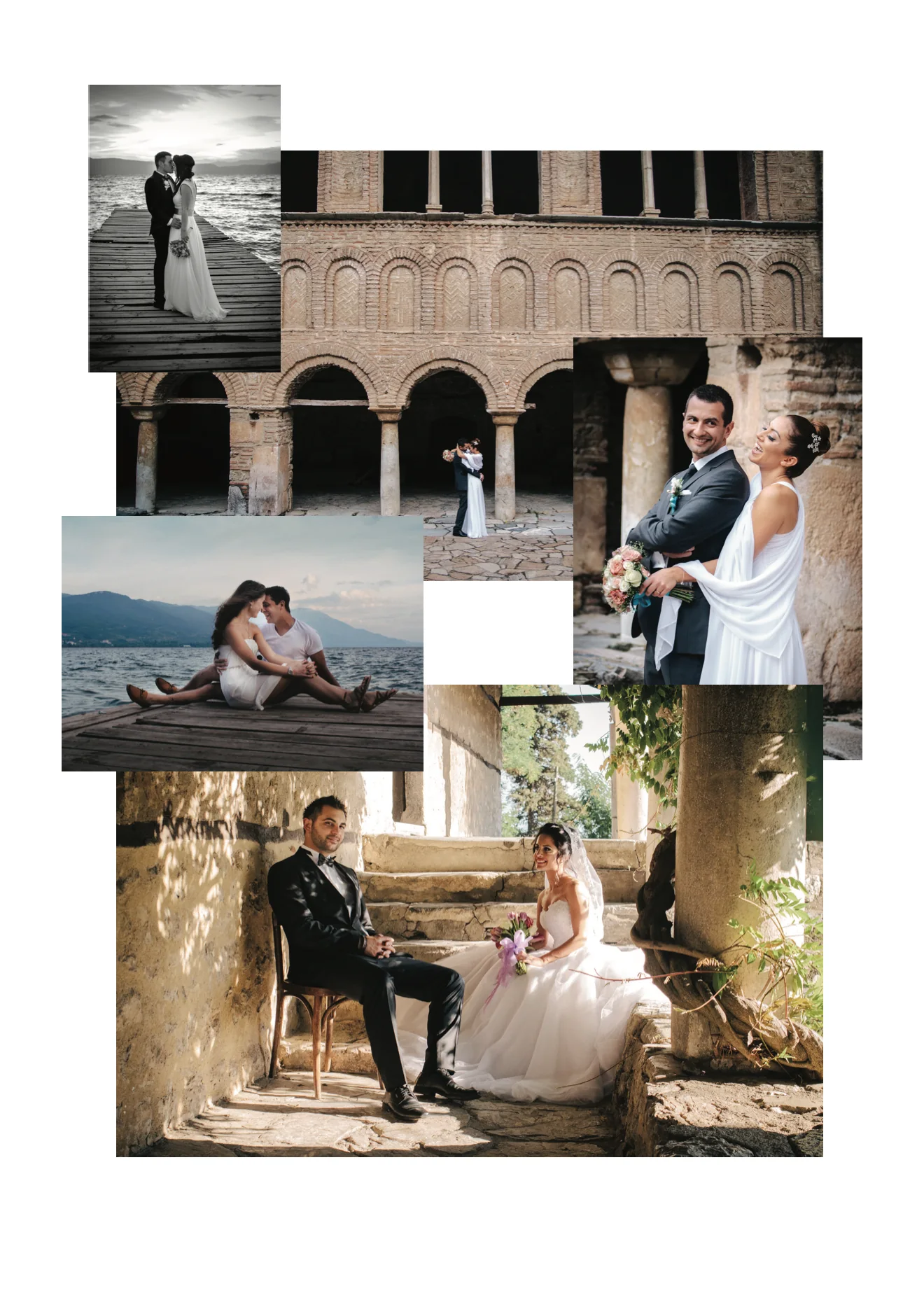 Wedding photographs: couples by a lake, in a cloister and on stone steps