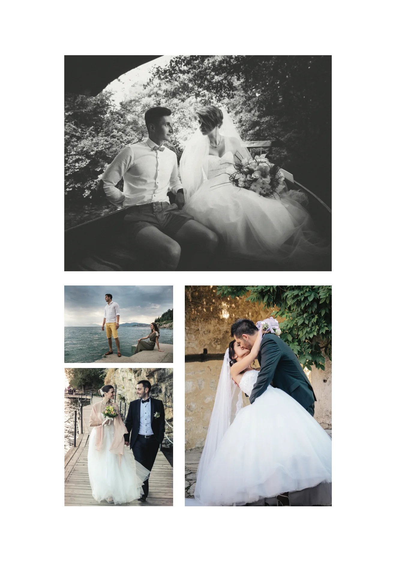 Wedding photographs: a couple in black and white, by a lake, and embracing