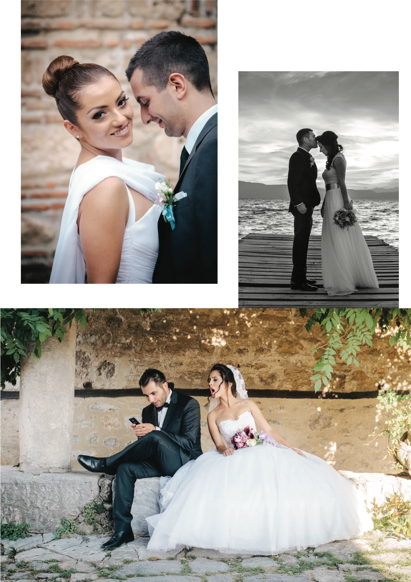 Wedding photographs: a couple close up, kissing on a jetty, and sitting on a stone bench