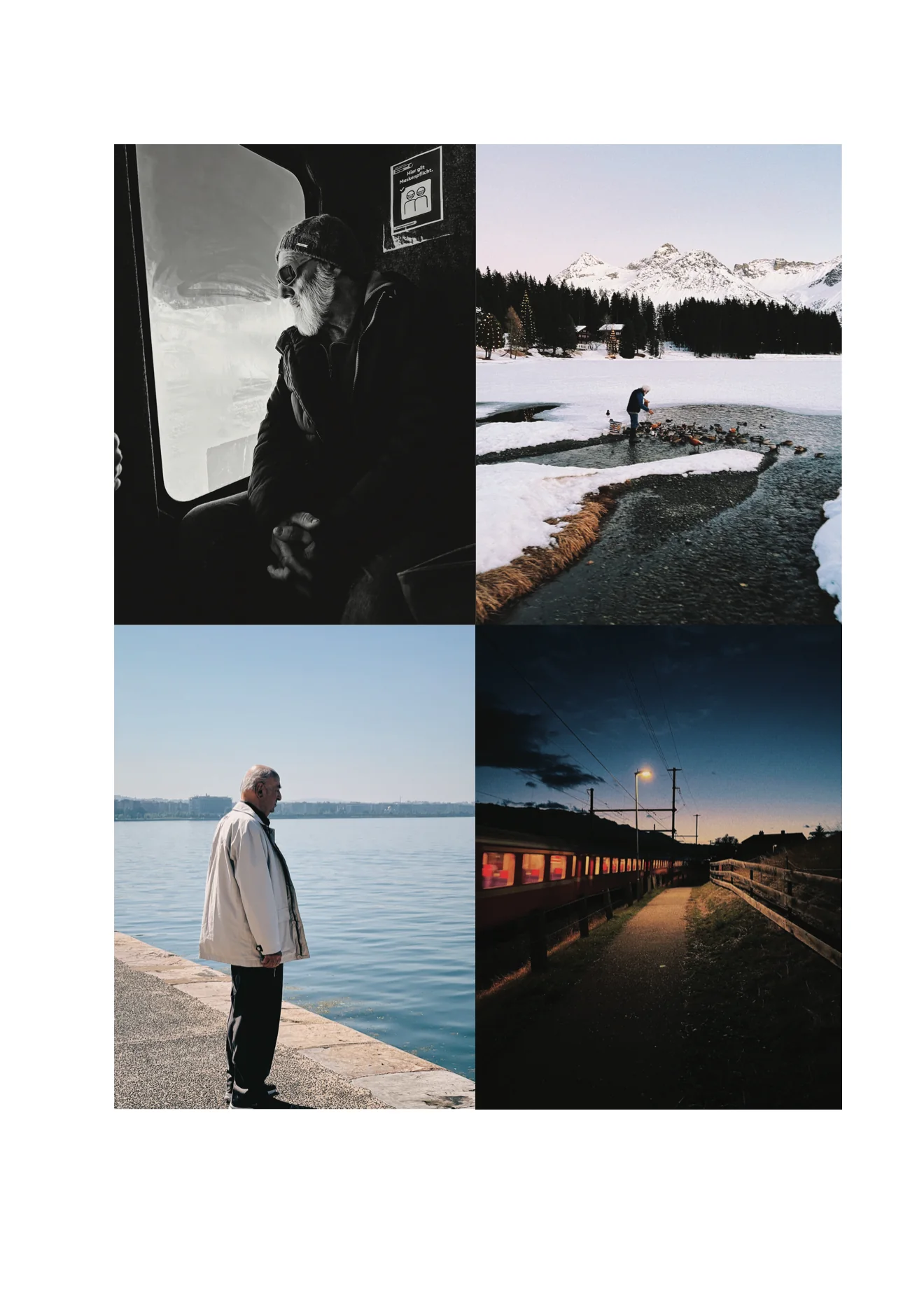 iPhone photography: a train window, a frozen lake shore, a man by a lake and a train at night